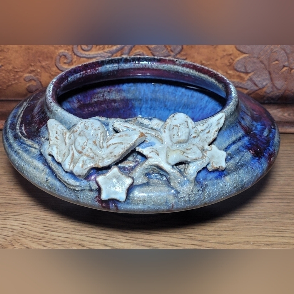Handmade Pottery Flower Pot Cachepot‎ Planter Utility Bowl Cherubs Angel Blue